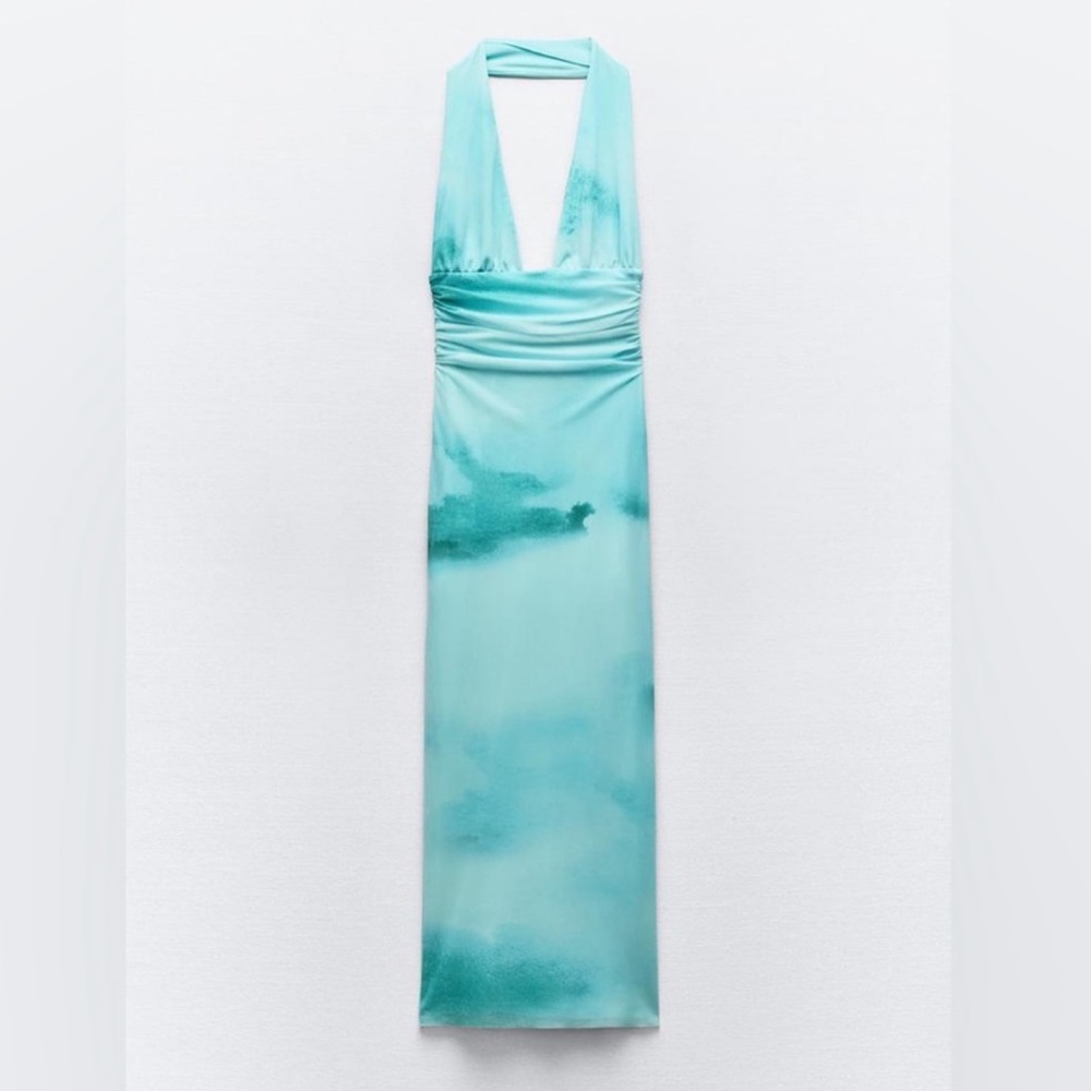 Zara Watercolor Blue Tulle Ruched Halter Midi Dress